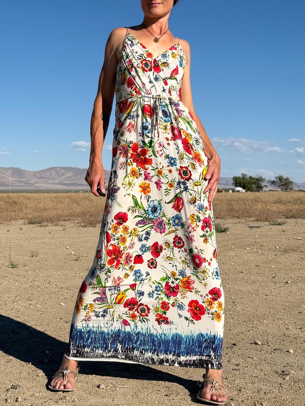 Yumi Kim Silk Ivory Floral Maxi Dress with Red, Blue & Yellow Floral Blooms